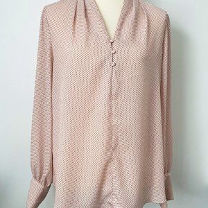 Adrianna Papell Blush Pink with Black Polka Dot Blouse Top Sz L Long Sleeves